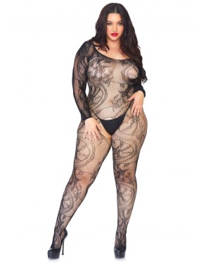 Combinaison Grande Taille Ouverte en Dentelle Florale  - Leg Avenue