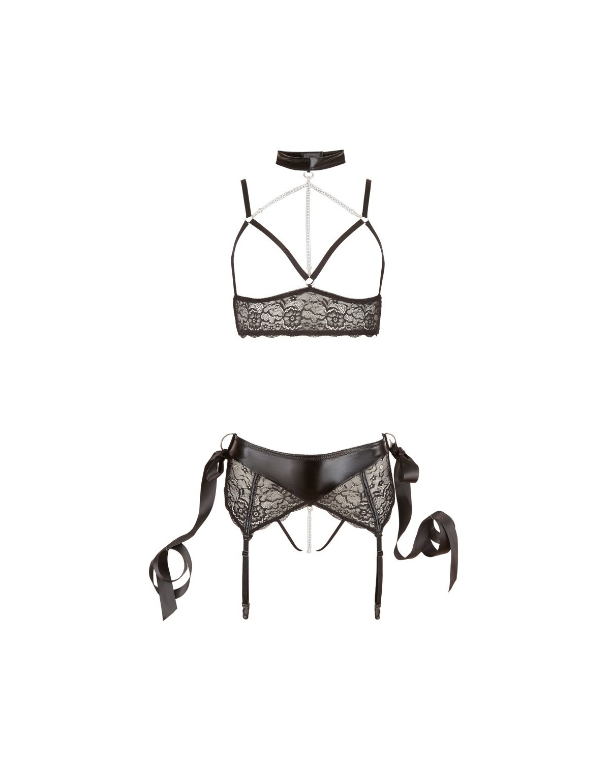 Ensemble 2 Pièces Dentelle et Cuir avec Menottes - Cottelli