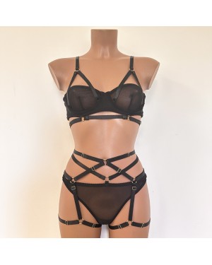 Ensemble Lingerie Bondage 3 Pièces Tulle et Brides Élastiques