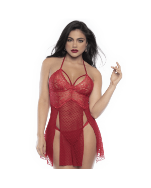 Nuisette Fendue et String en Dentelle Rouge et Résille Cœurs – Mapalé Lingerie