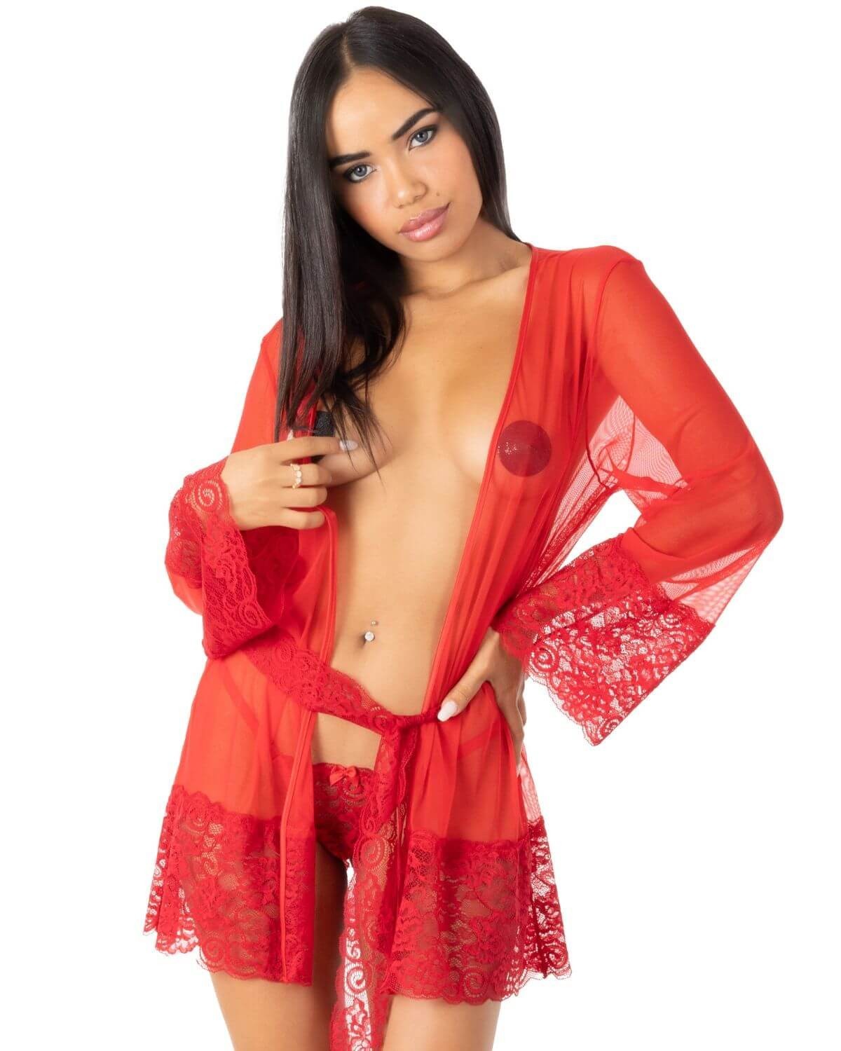 kimono rouge transparent eros veneziani devant