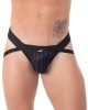 jockstrap noir rayé pour homme, Eros Veneziani, zoom avant sur mannequin
