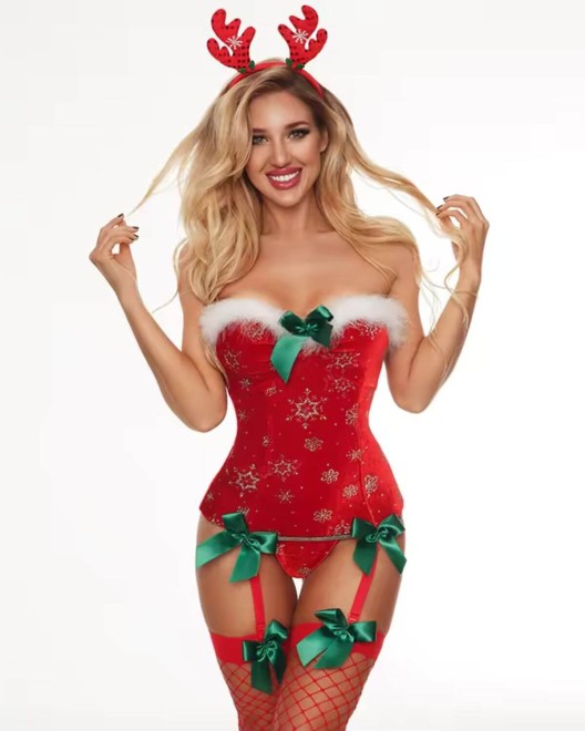 déguisement coquin de Mère Noël sexy, rouge, porté par un mannequin, de face