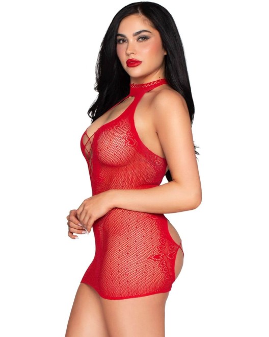 mini robe moulante en résille, rouge, leg avenue, de côté