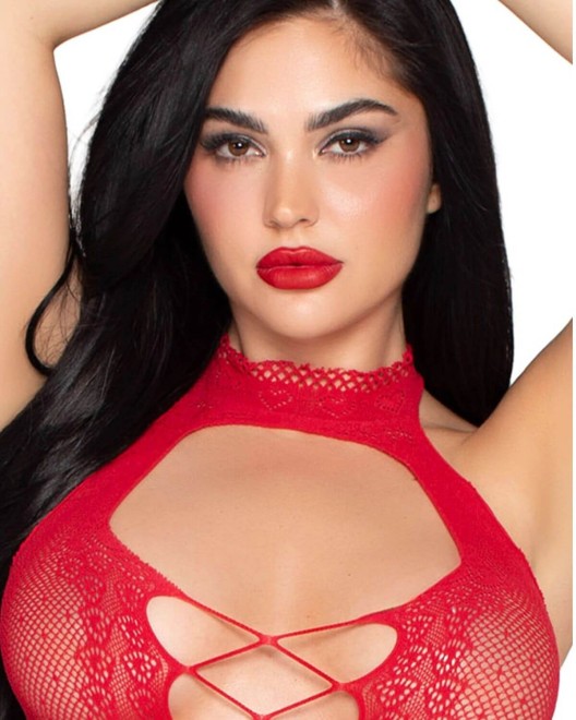 mini robe moulante en résille, rouge, leg avenue, zoom de face