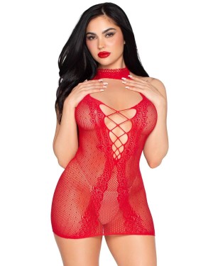 mini robe moulante en résille, rouge, leg avenue, face