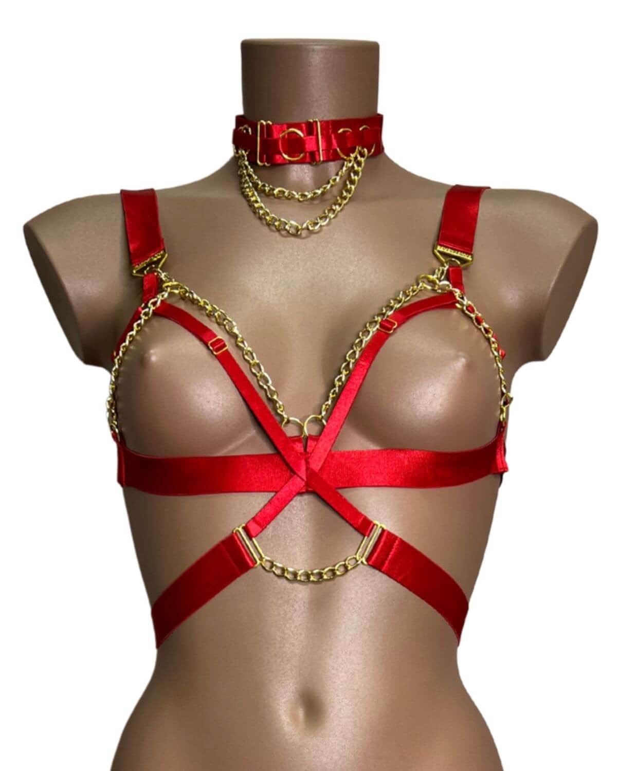 soutien-gorge harnais ouvert et collier ras-de-cou assorti, lingerie bondage rouge, vue de face