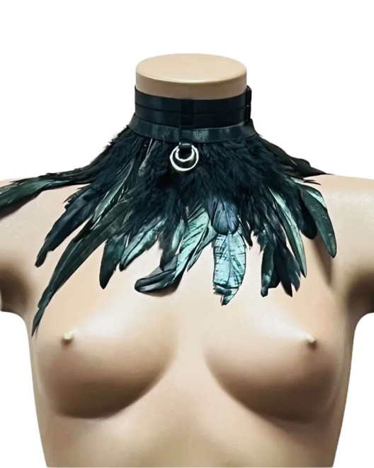 collier ras-de-cou à plumes naturelles, noir, vue de face