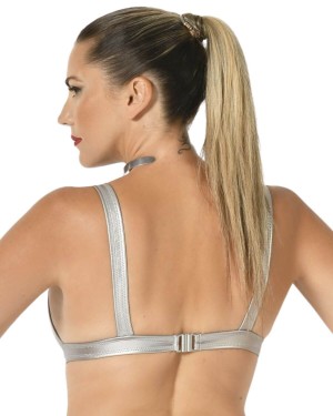 brassière en faux cuir argenté Celestra, Maison Catanzaro, vue de dos