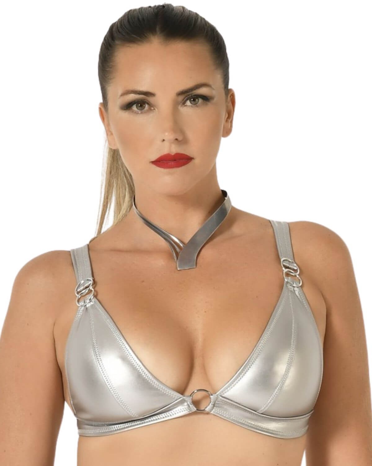 brassière en faux cuir argenté Celestra, Maison Catanzaro, vue de face