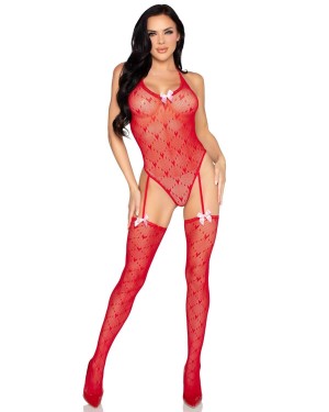 body string porte-jarretelles en résille coeurs, rouge, Leg Avenue, mannequin de face