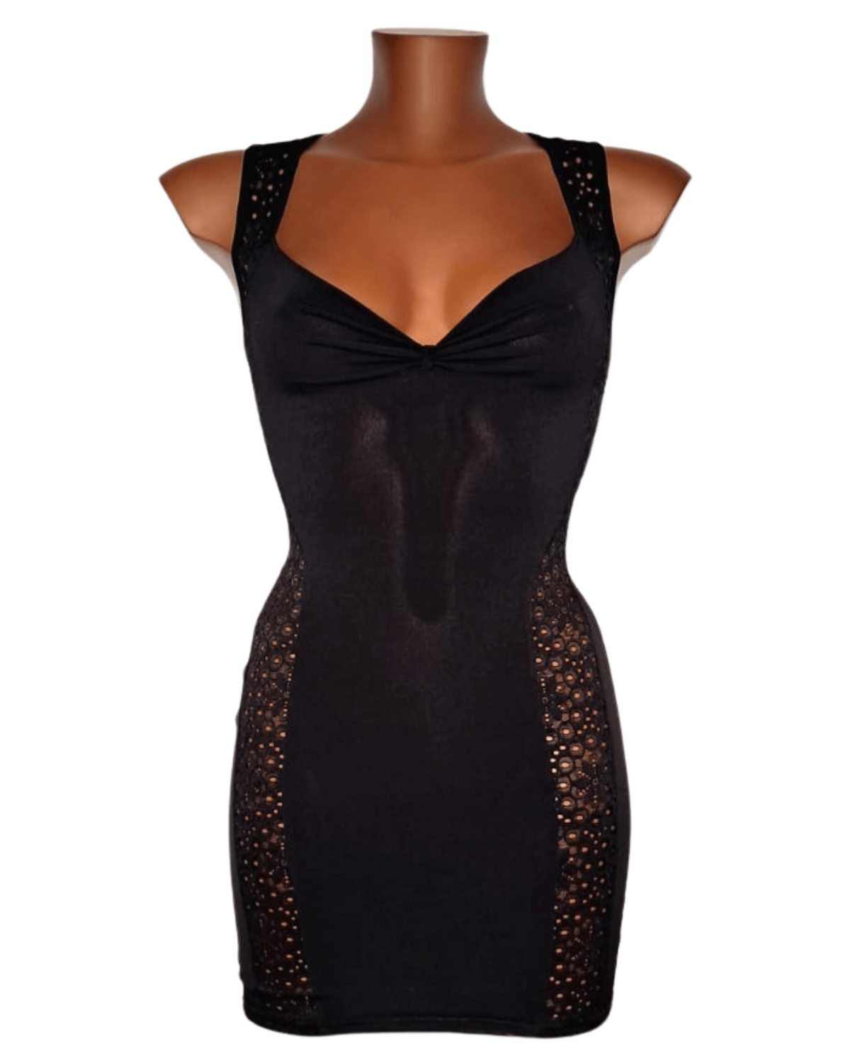 robe noire moulante, OutX, sur mannequin de face