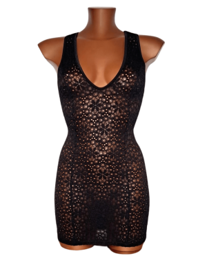 robe courte décolletée sexy, noire, OutX, sur mannequin de face