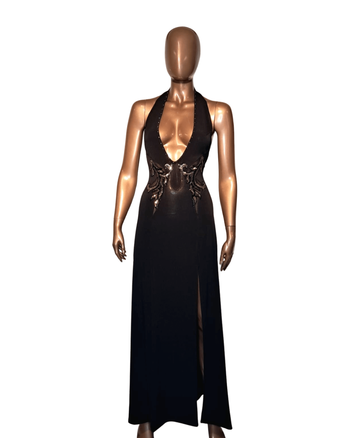 robe longue fendue dos nu, collection Amelie, noire, OutX, sur mannequin de face
