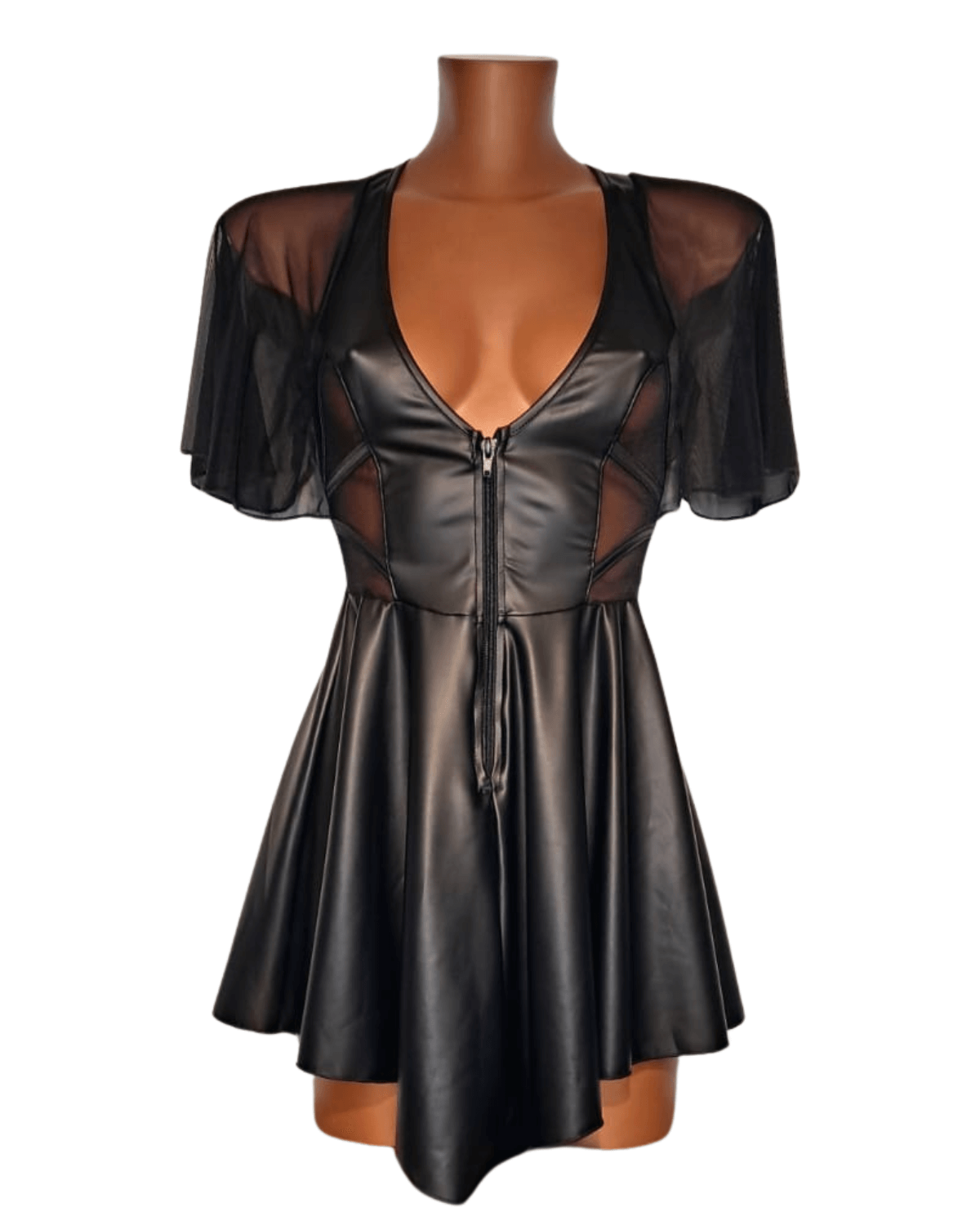 robe babydoll en wetlook, collection Electra, OutX, noire, sur mannequin de face