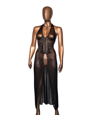 robe longue fendue transparente, noire, collection Electra Star, OutX, sur mannequin de face