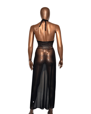 robe longue fendue transparente, noire, collection Electra Star, OutX, sur mannequin de dos