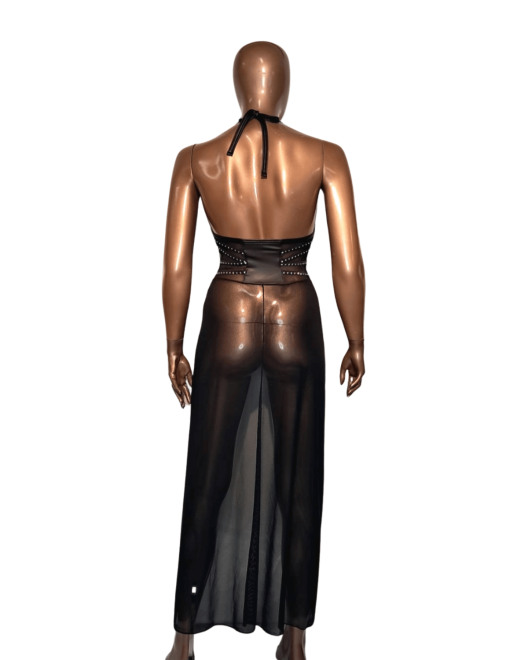 robe longue fendue transparente, noire, collection Electra Star, OutX, sur mannequin de dos