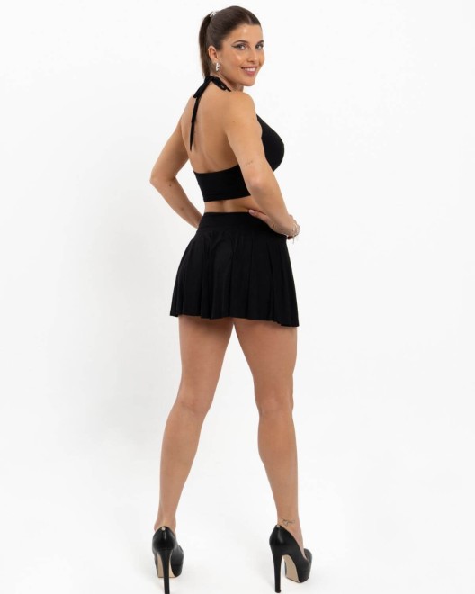 mini-jupe à volants en lycra noir, Alternative Plaisir, mannequin de dos