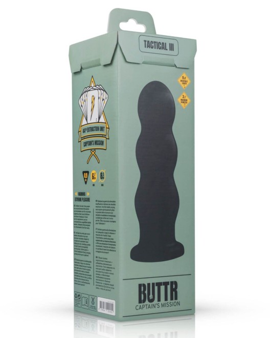 plug anal ventousé XXL, Dildo Tactical III, Buttr, noir, boîte de face