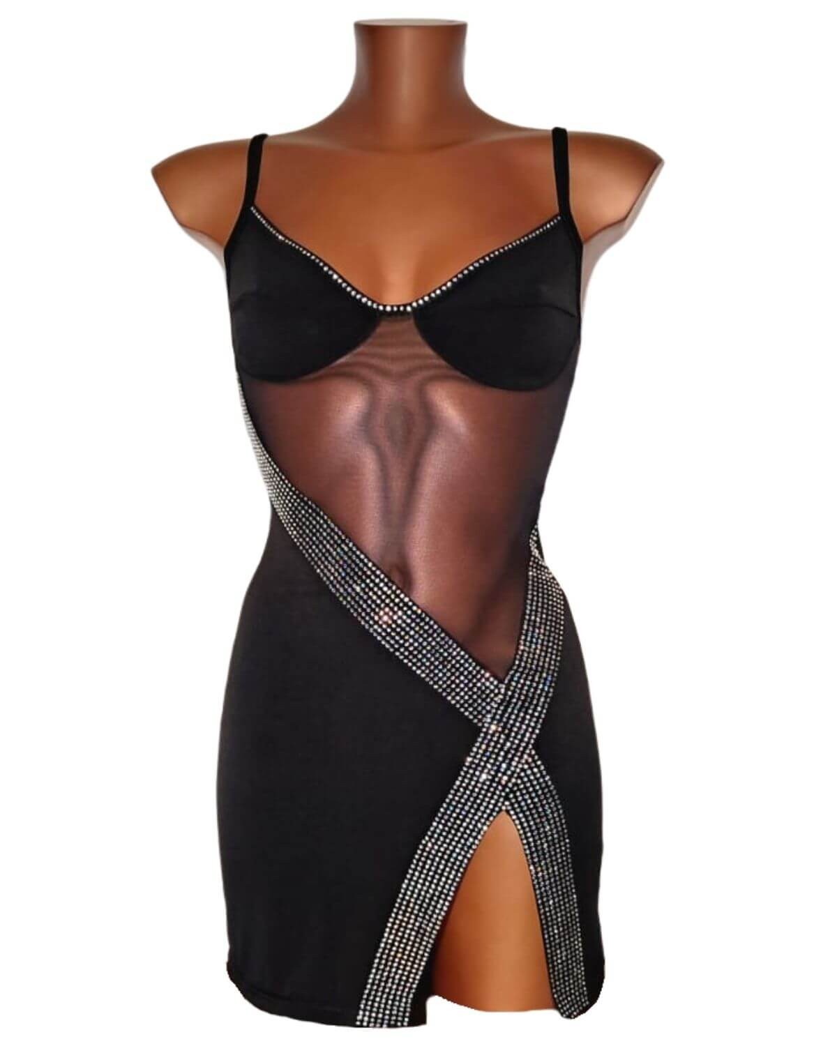 mini robe à bretelles et strass, noire, collection Dana, OutX, vue de face