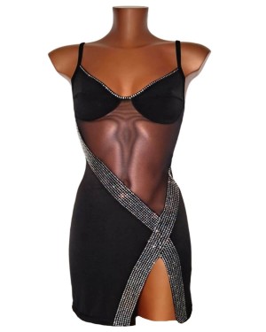 mini robe à bretelles et strass, noire, collection Dana, OutX, vue de face