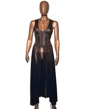 robe voile fendue à sequins, noire, OutX, vue de face