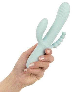 vibromasseur rabbit triple stimulation Good Vibes, bleu, dans une main