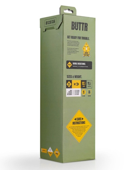 gode fisting à ventouse, Double Trouble, Buttr, noir, dos de la boîte