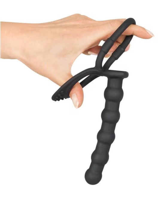 anneau pénien pour couple à perles anales, Black Velvets, noir, extensible