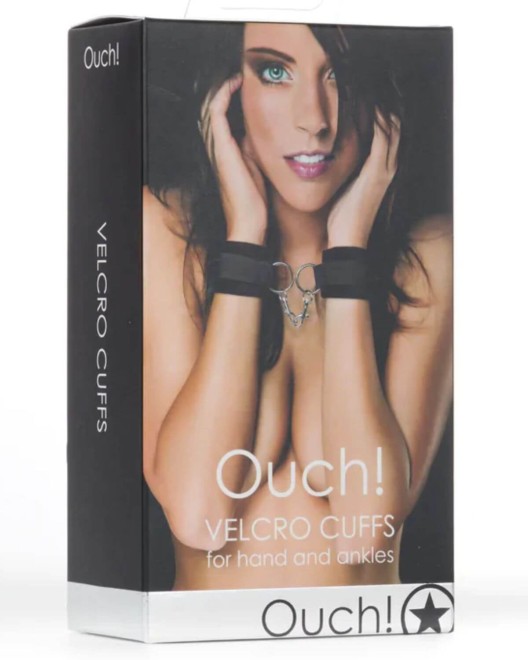 menottes velcro bdsm, ouch, noir, boîte