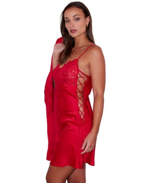 nuisette en satin et dentelle rouge Poupée, Valege Lingerie, vue de face