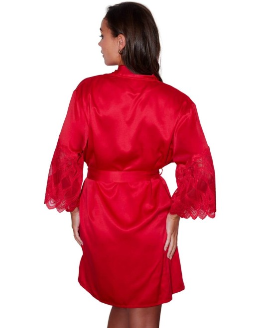 kimono en satin et dentelle rouge Poupée, Valege Lingerie, mannequin de dos