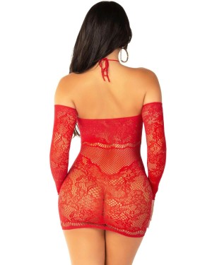 mini robe résille manches longues, rouge, Leg Avenue, zoom de dos