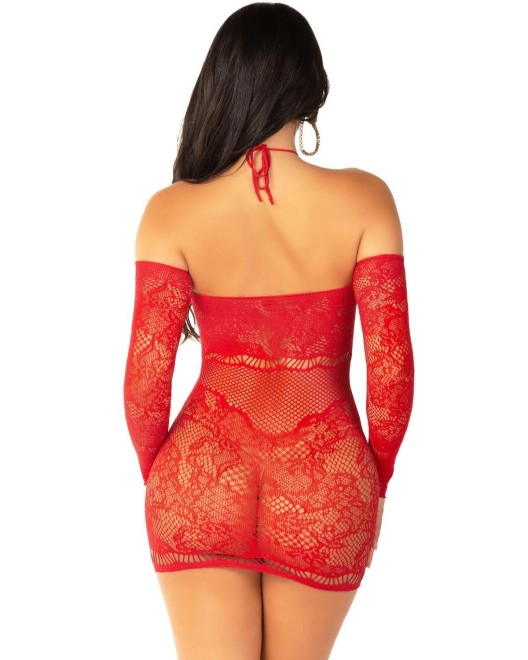 mini robe résille manches longues, rouge, Leg Avenue, zoom de dos