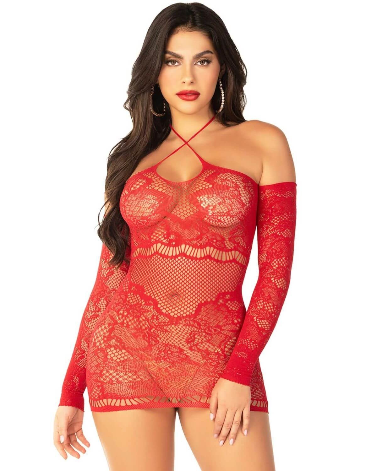 mini robe résille manches longues, rouge, Leg Avenue, zoom de face