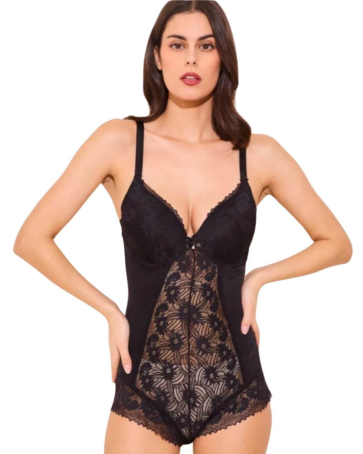 body dentelle à coque grande taille, noir, Collection Paradise Boutik, vue devant