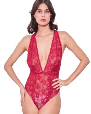 body dentelle décolleté plongeant, rouge, collection exclusive Paradise Boutik, vue devant