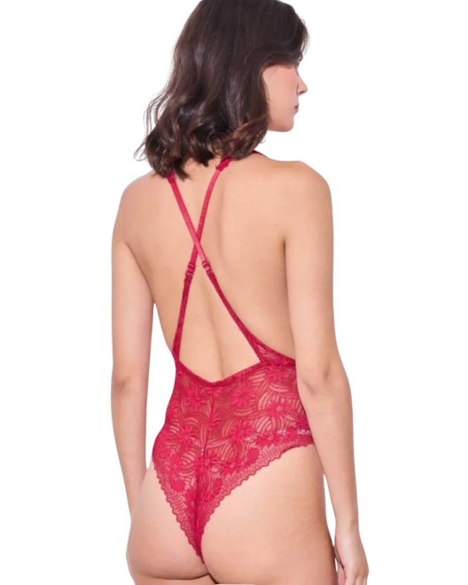 body dentelle décolleté plongeant, rouge, collection exclusive Paradise Boutik, vue dos