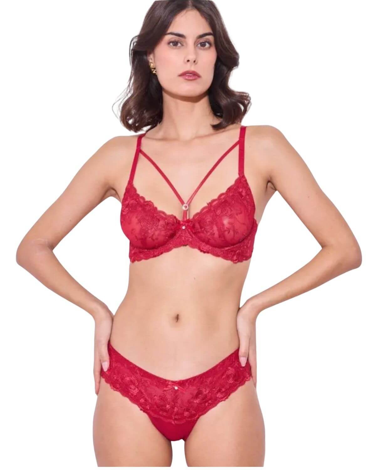 ensemble sexy en dentelle rouge, collection Paradise Boutik, vue devant