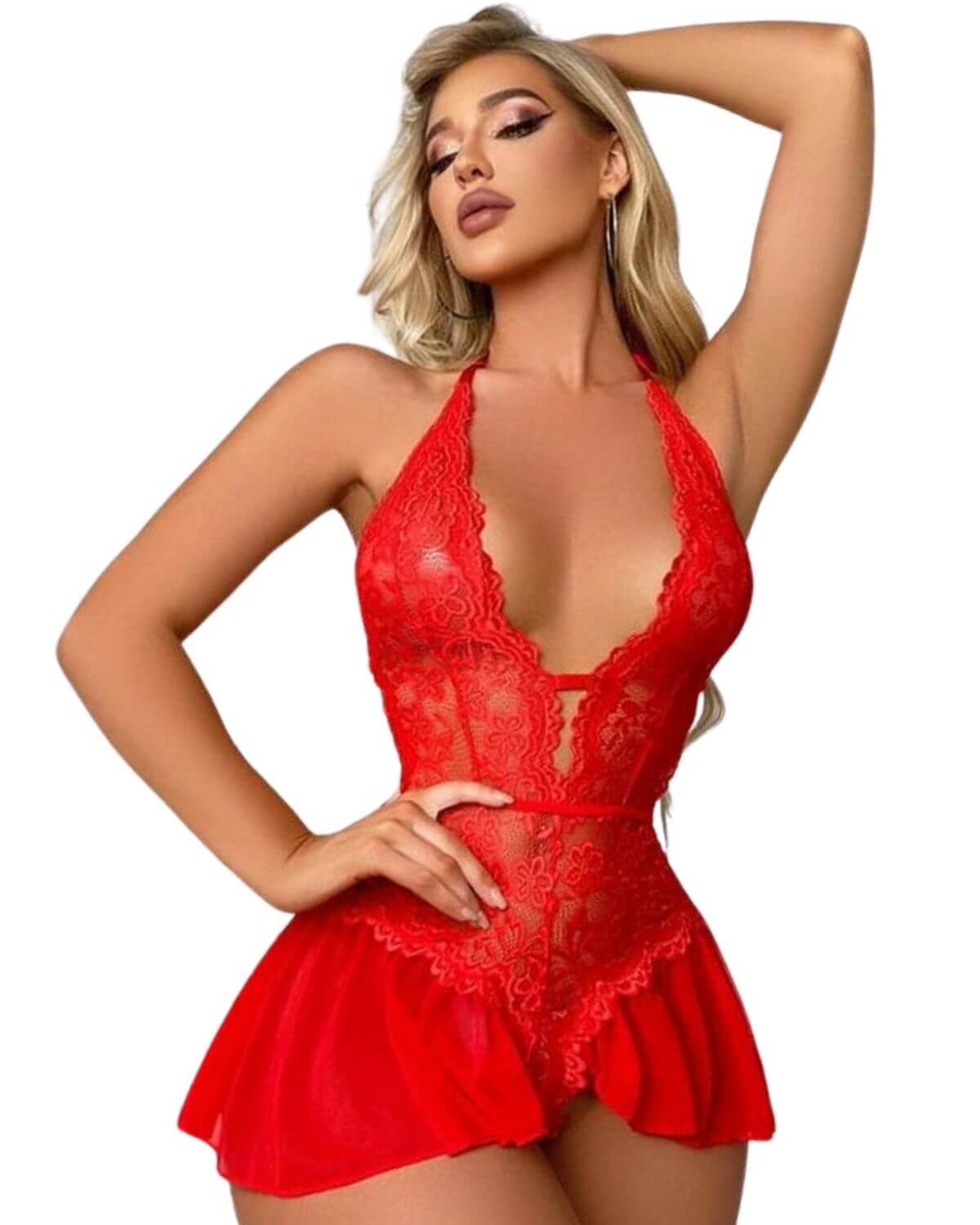 combishort en dentelle ouverte, rouge, collection Paradise Boutik, devant