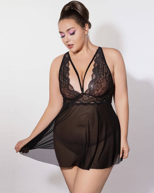nuisette grande taille, noire, collection Paradise Boutik, devant