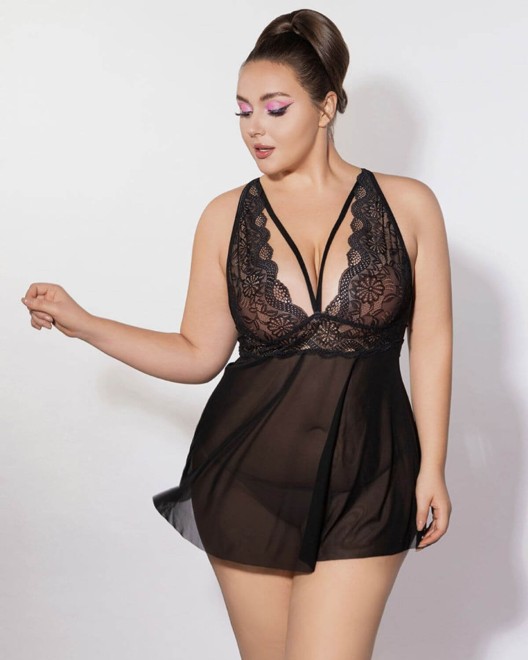 nuisette grande taille, noire, collection Paradise Boutik, vue face