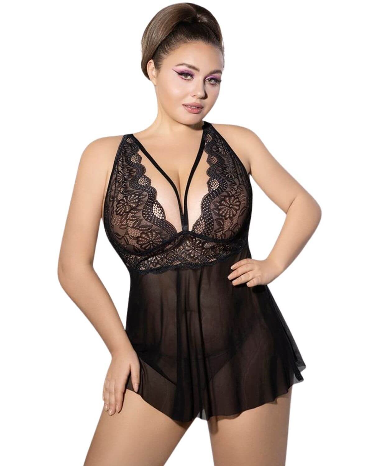 nuisette grande taille, noire, collection Paradise Boutik, mannequin de face