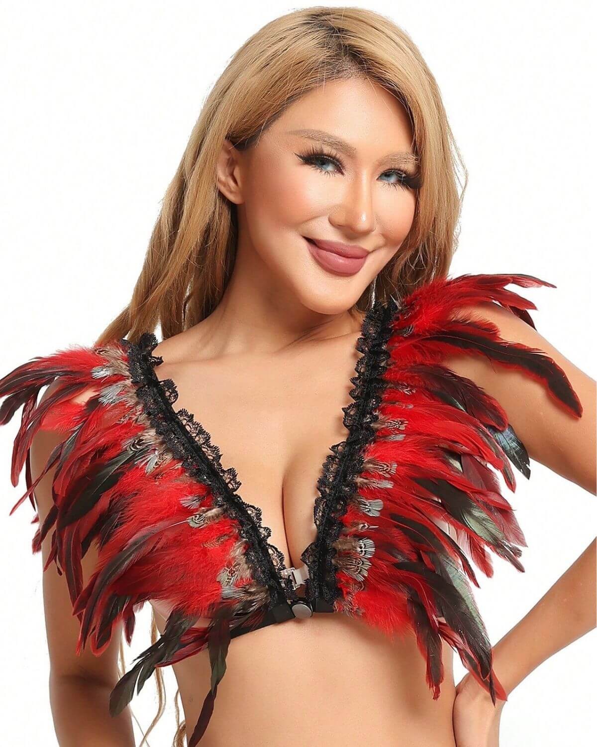 épaulettes en plumes rouges, collection Paradise Boutik, vue devant