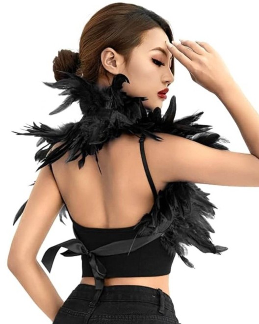 top harnais en plumes, noir, collection Paradise Boutik, mannequin de dos