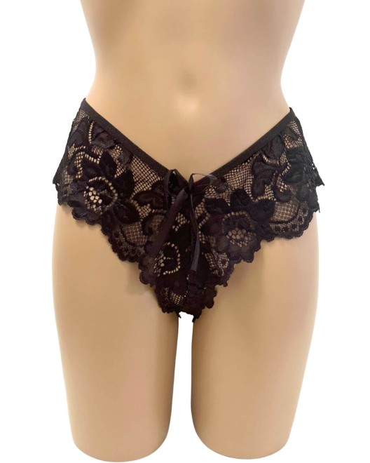 nuisette fendue transparente, noire, collection Paradise Boutik, string vue de face