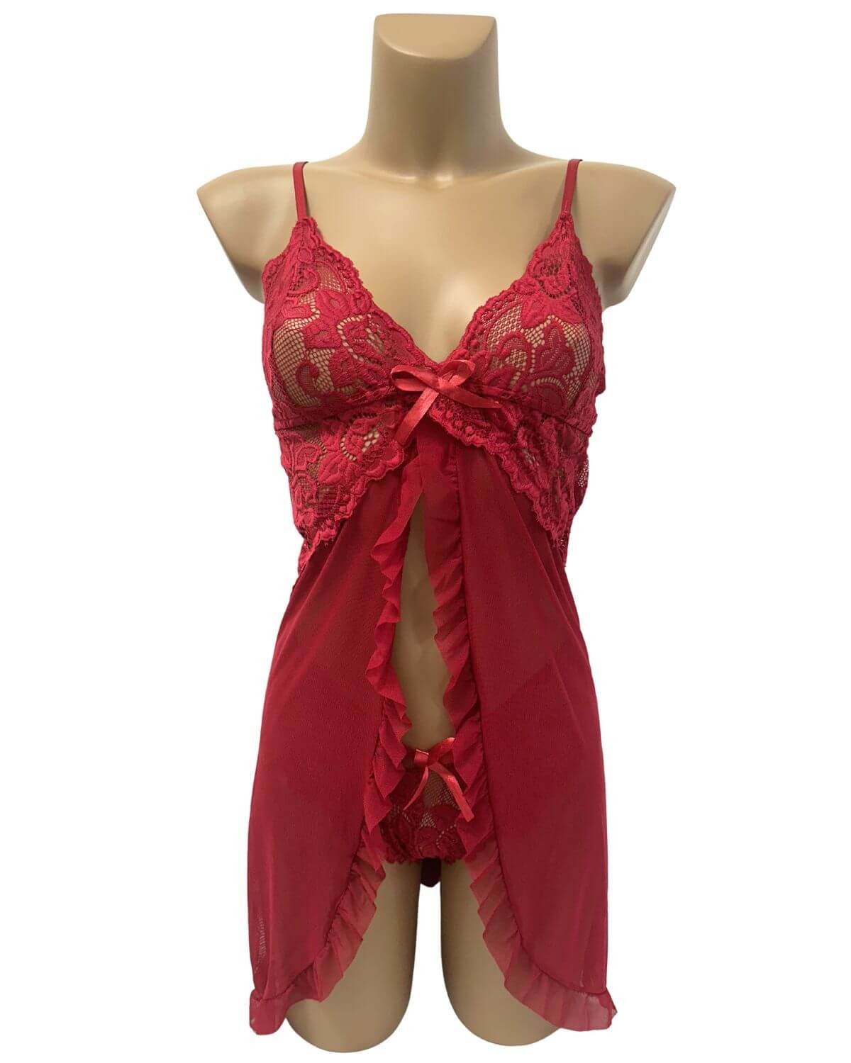 nuisette fendue transparente, rouge, collection Paradise Boutik, devant