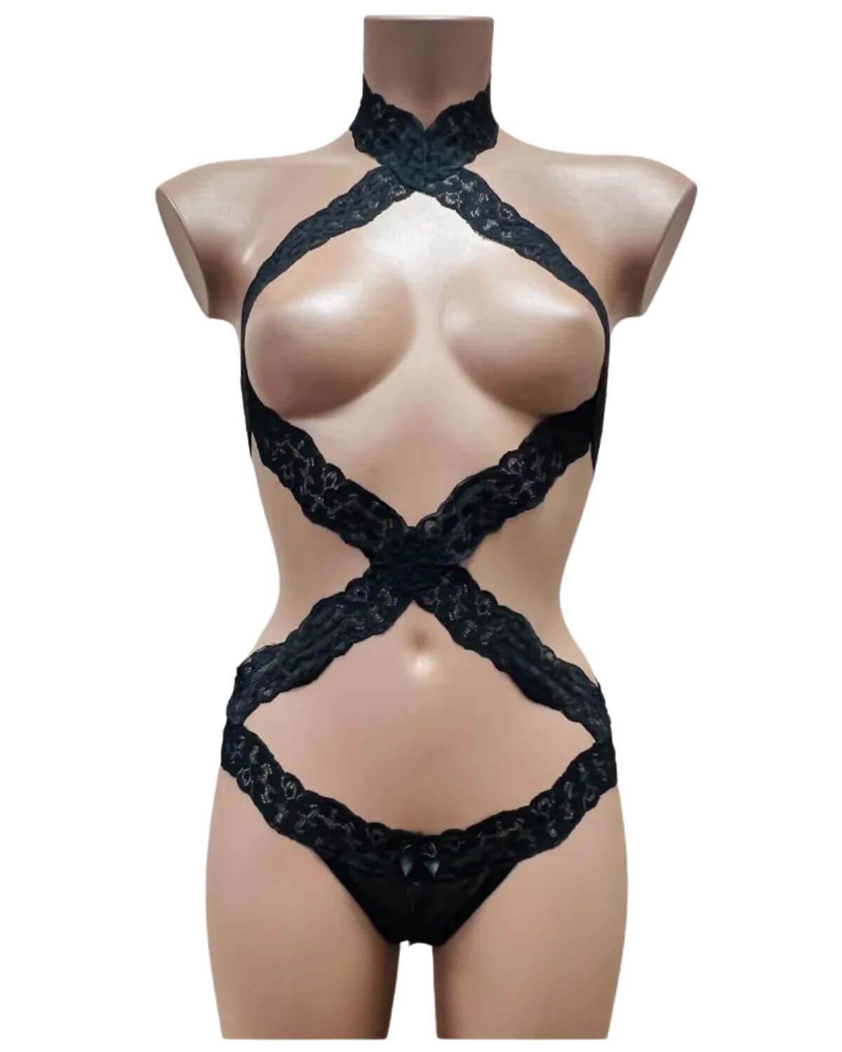 body harnais ouvrable, noir, collection Paradise Boutik, devant