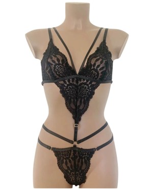 body string sexy dentelle et brides, noir, collection Paradise Boutik, devant